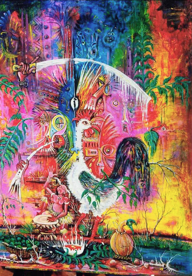 Wildly colorful surreal painting of African voodoo that includes a rooster. Oils on Canvas.