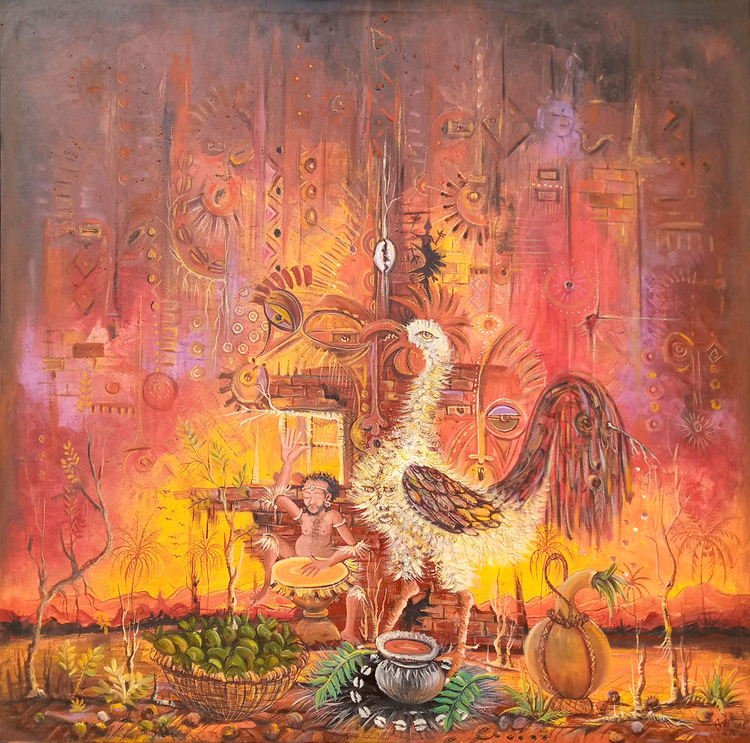 The African Juju Society IV is a surreal oil painting of a rooster and represents African voodoo.