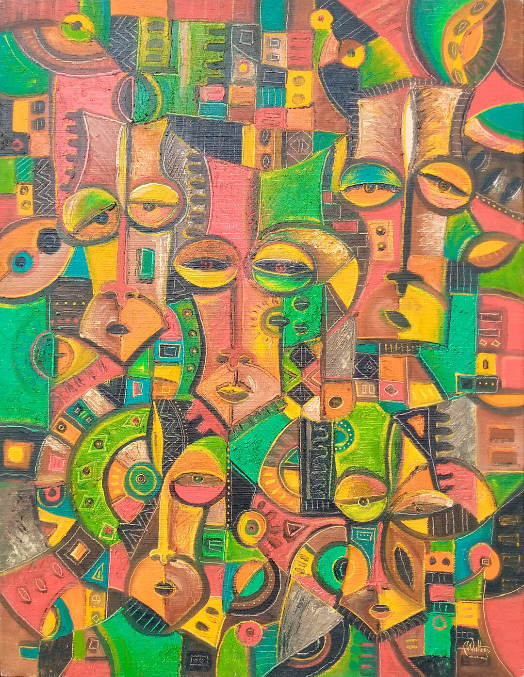 Here is an abstract figurative painting from Africa of faces in soft acrylic colors. 