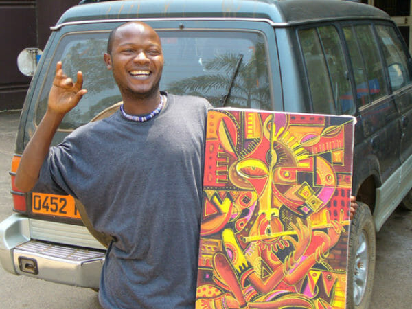 small Cameroon artist Angu Walters with Flutist 1 painting