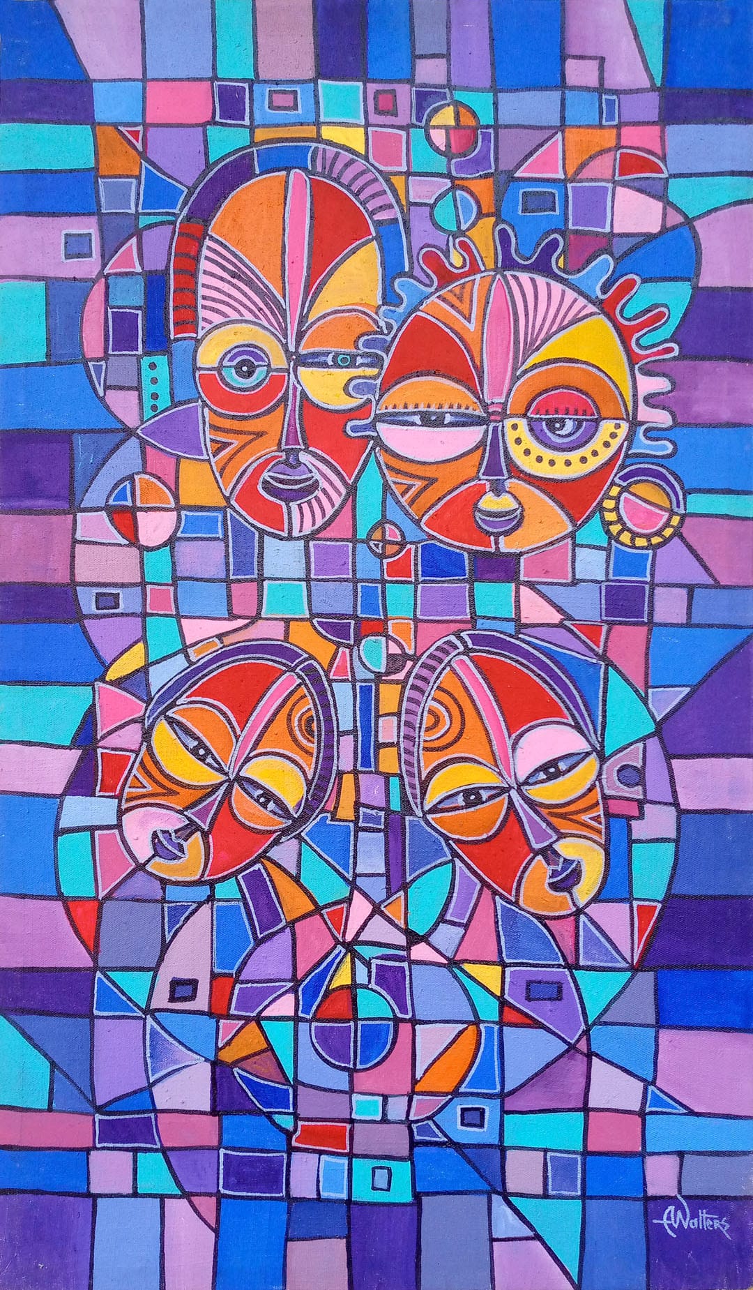 From Africa, it's a portrait of a family in crisp acrylic colors. 