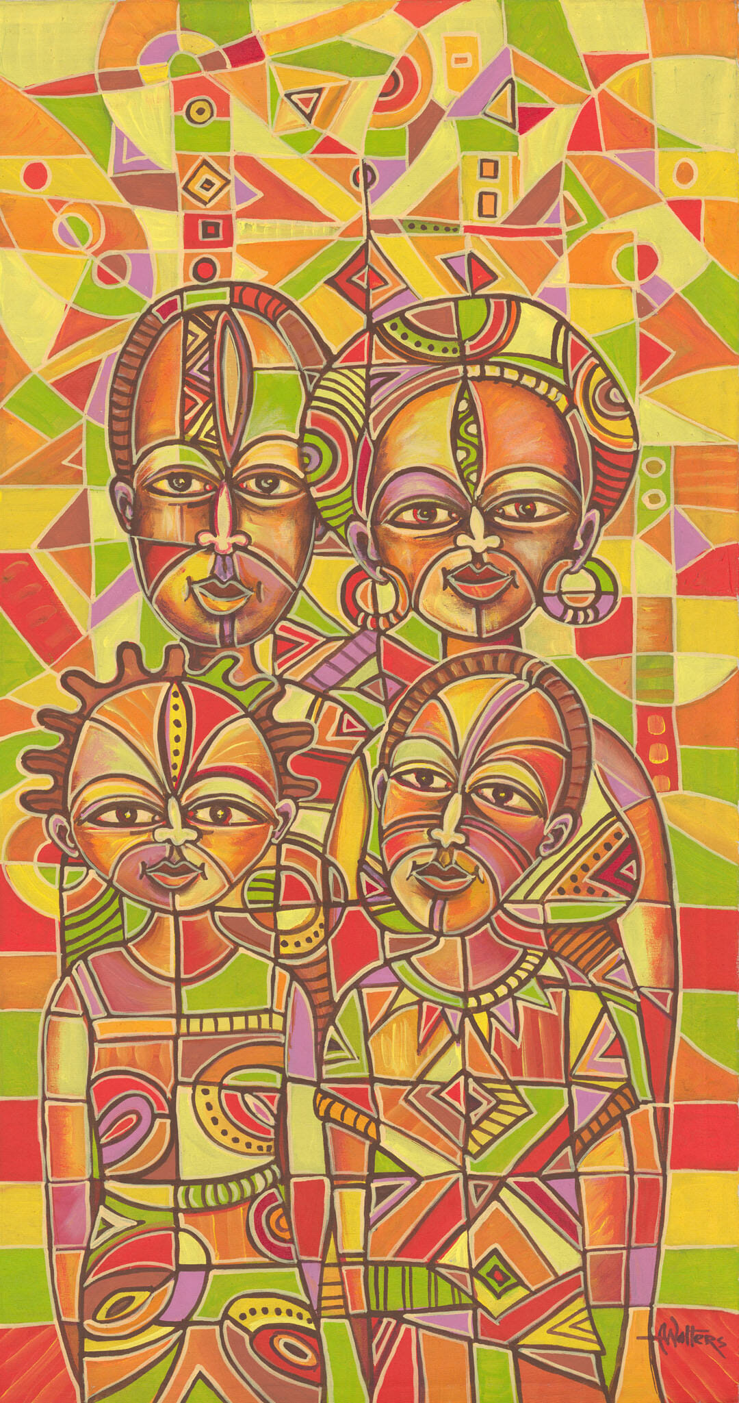 African acrylic painting of a family in bright colors. 
