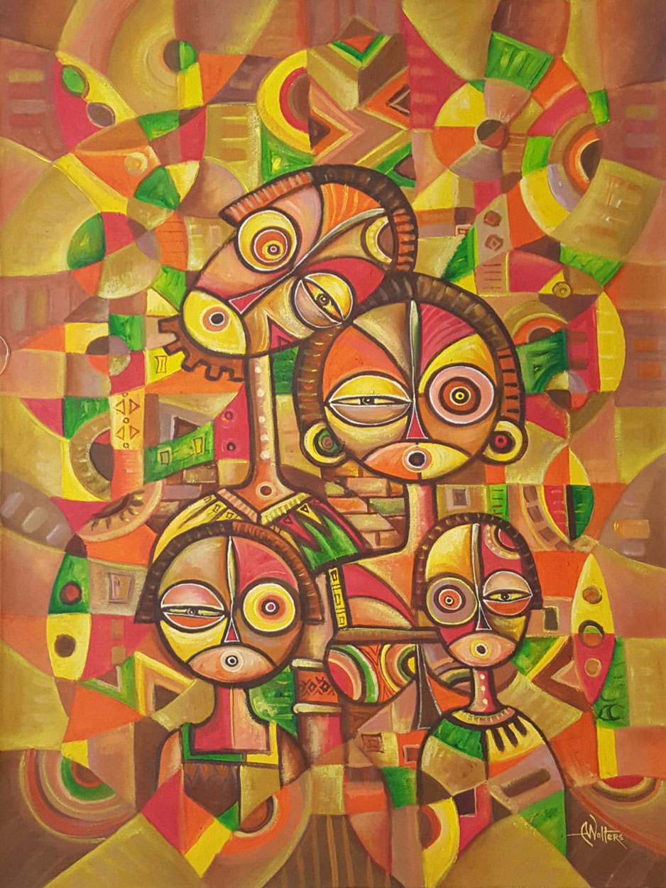 This original acrylic painting from Africa is of a happy fairly quirky-looking family of four.