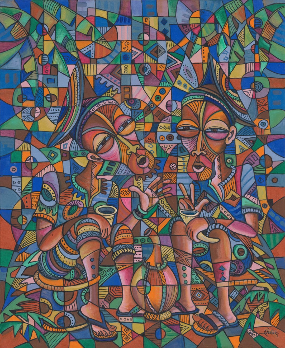 Painting of two friends chatting over tea in an African village.