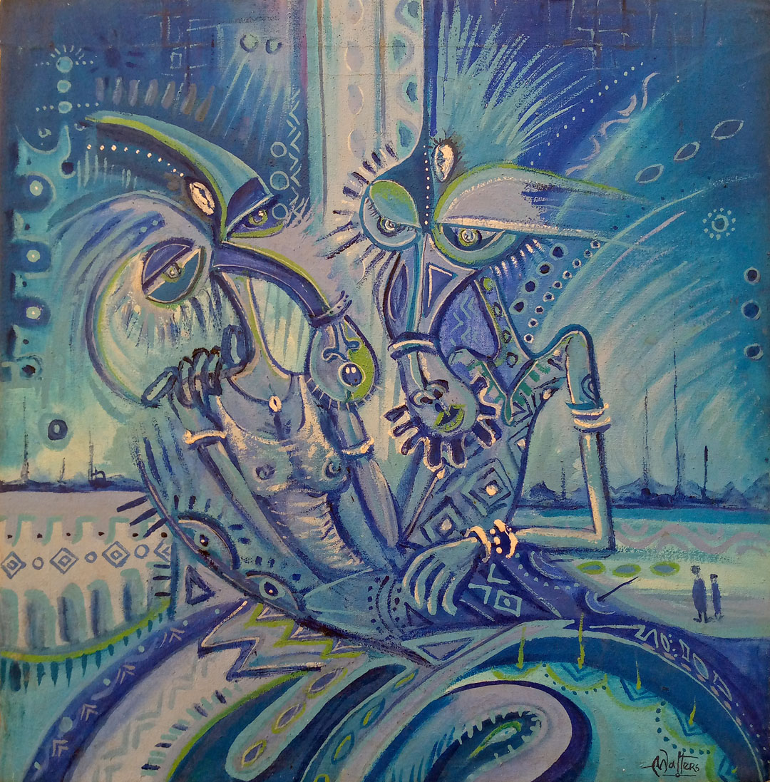 All blue surreal oil painting of a couple in love in Africa.
