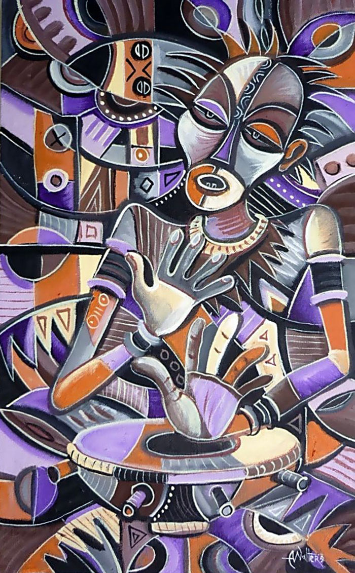 Play the Drum is a purple acrylic painting of an African drummer.