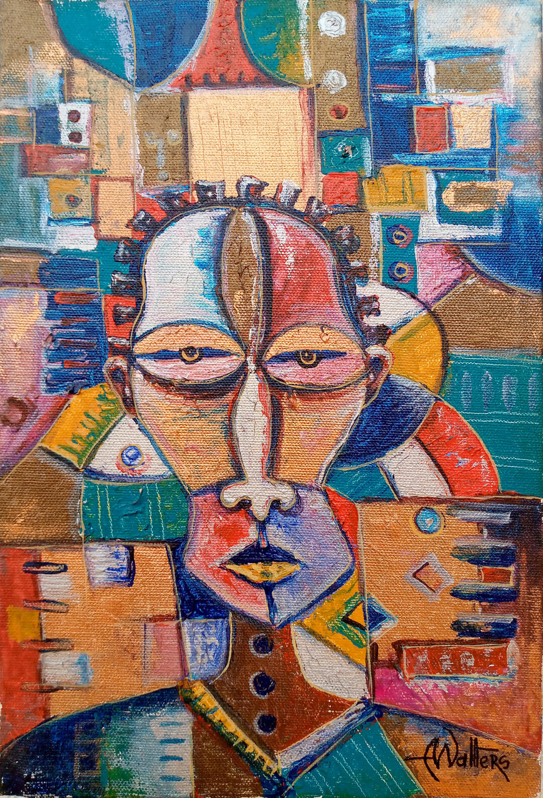 This acrylic painting on canvas is a self portrait of the artist Angu Walters.