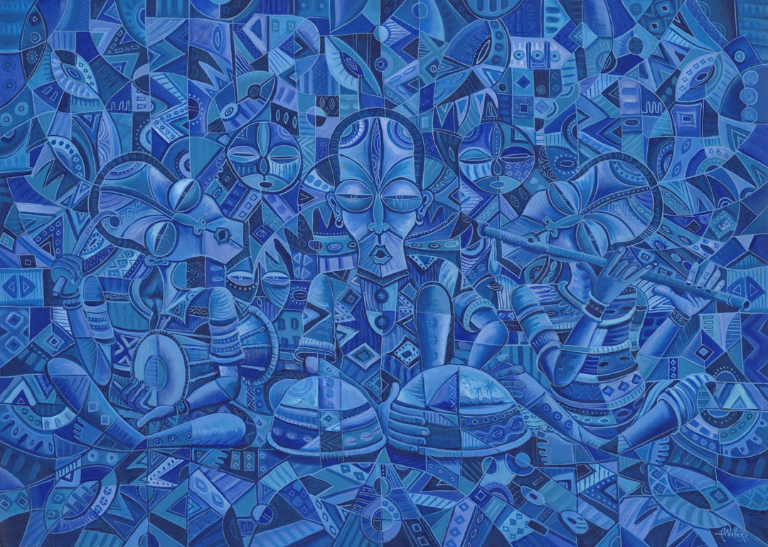 This entirely blue painting of an African blues band is a wonder. The artist is himself a musician on the side and he often paints musicians.