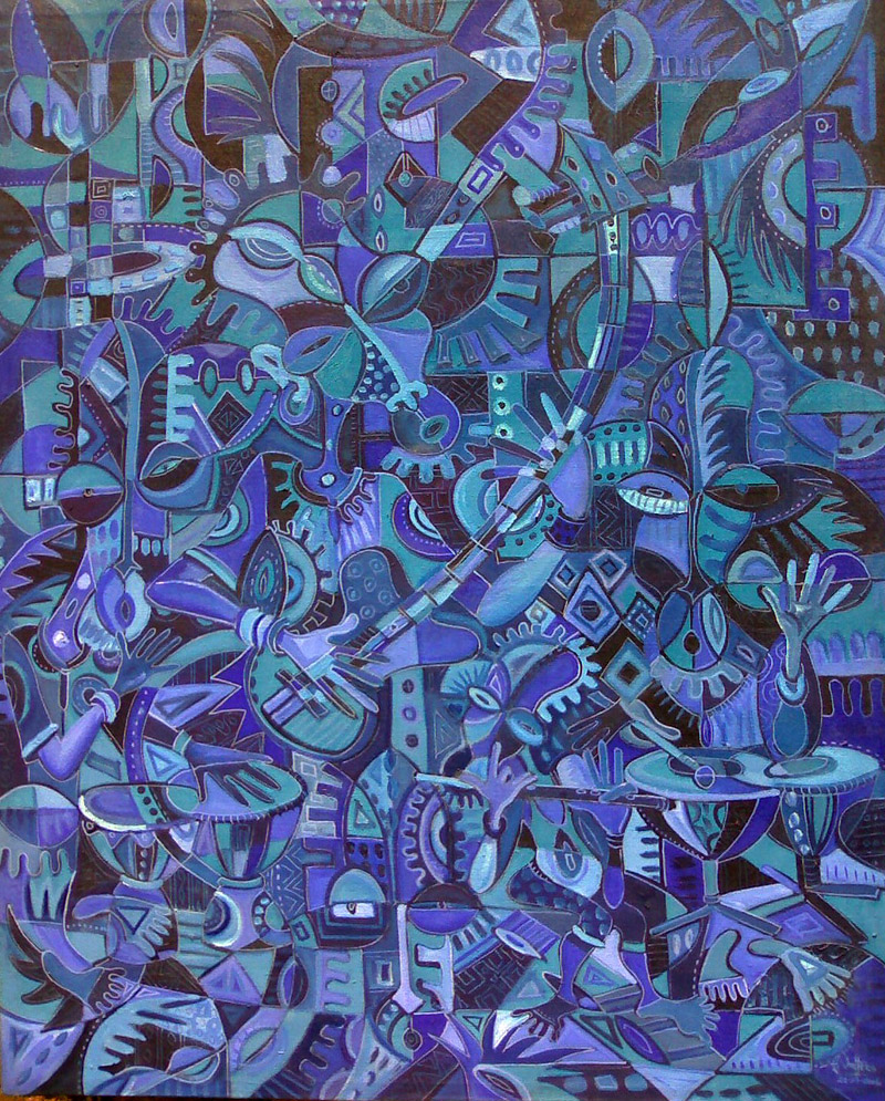 A very blue abstract painting of Musicians playing the The Blues in Africa.