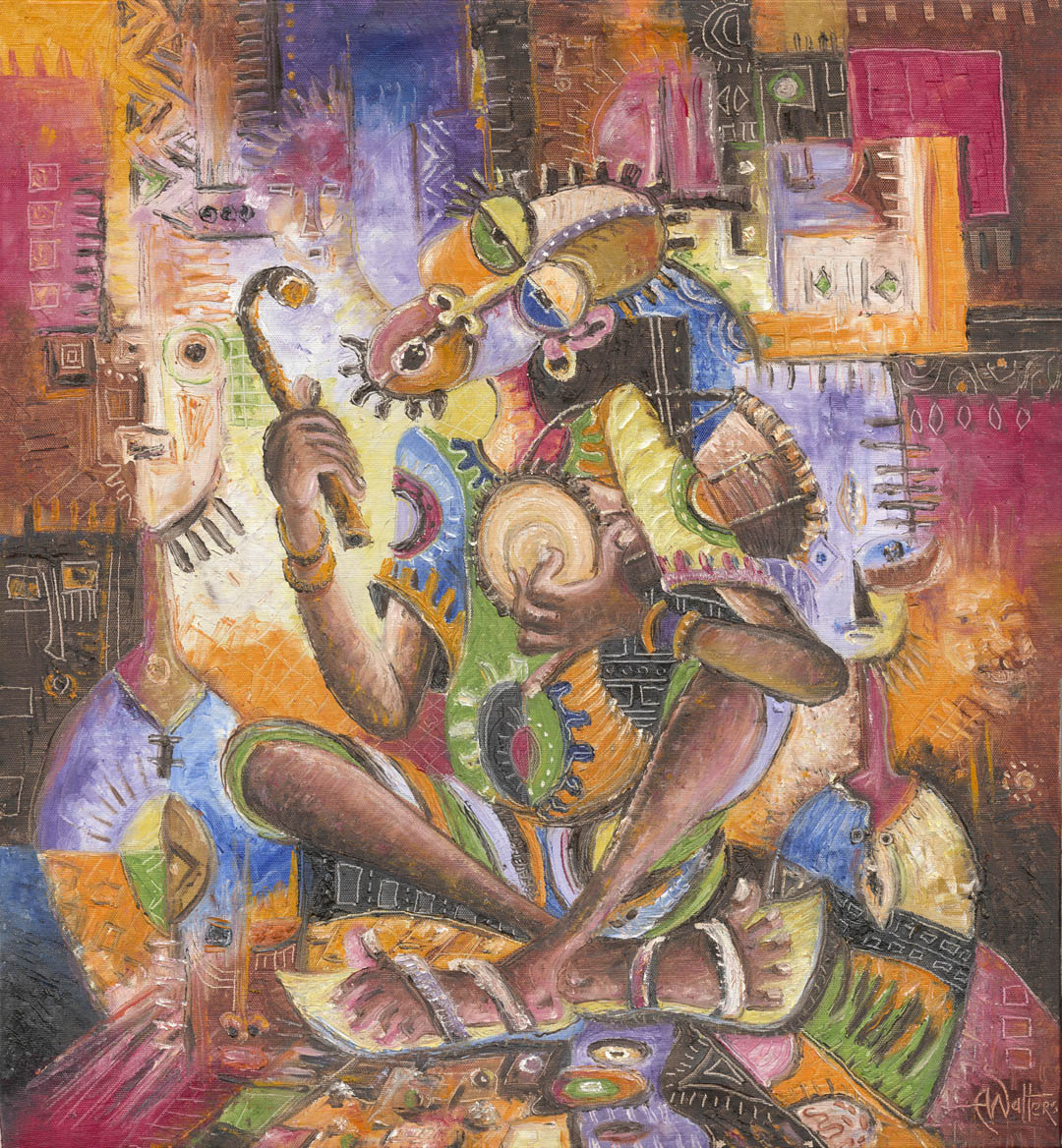 Here is a highly stylized oil painting of an African street musician performing for tips. 