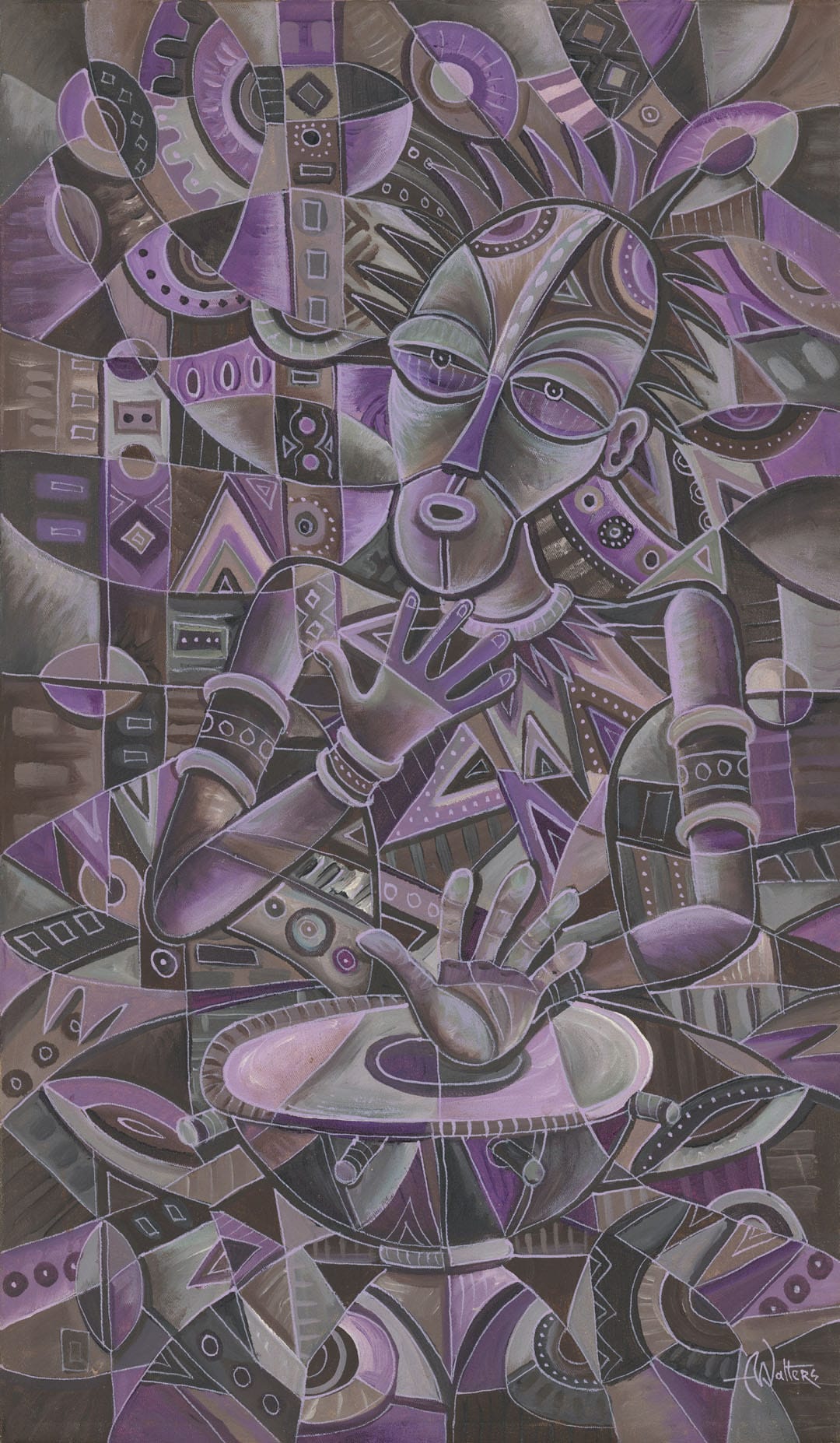 Here is a deliciously dark acrylic painting of an African drummer in violets.