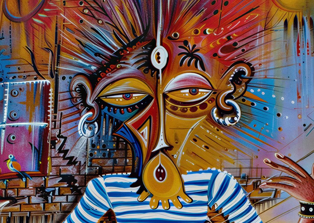 The Drummer 8 surreal African music painting close The Drummer 8 surreal African music painting close
