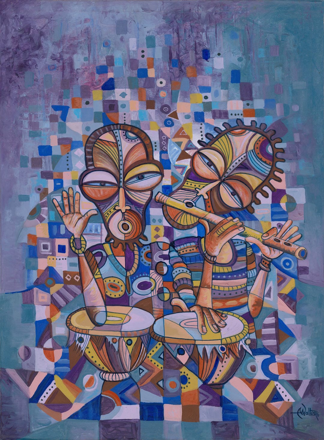 Whimsical mostly blue painting of a musical performance by an African duo.
