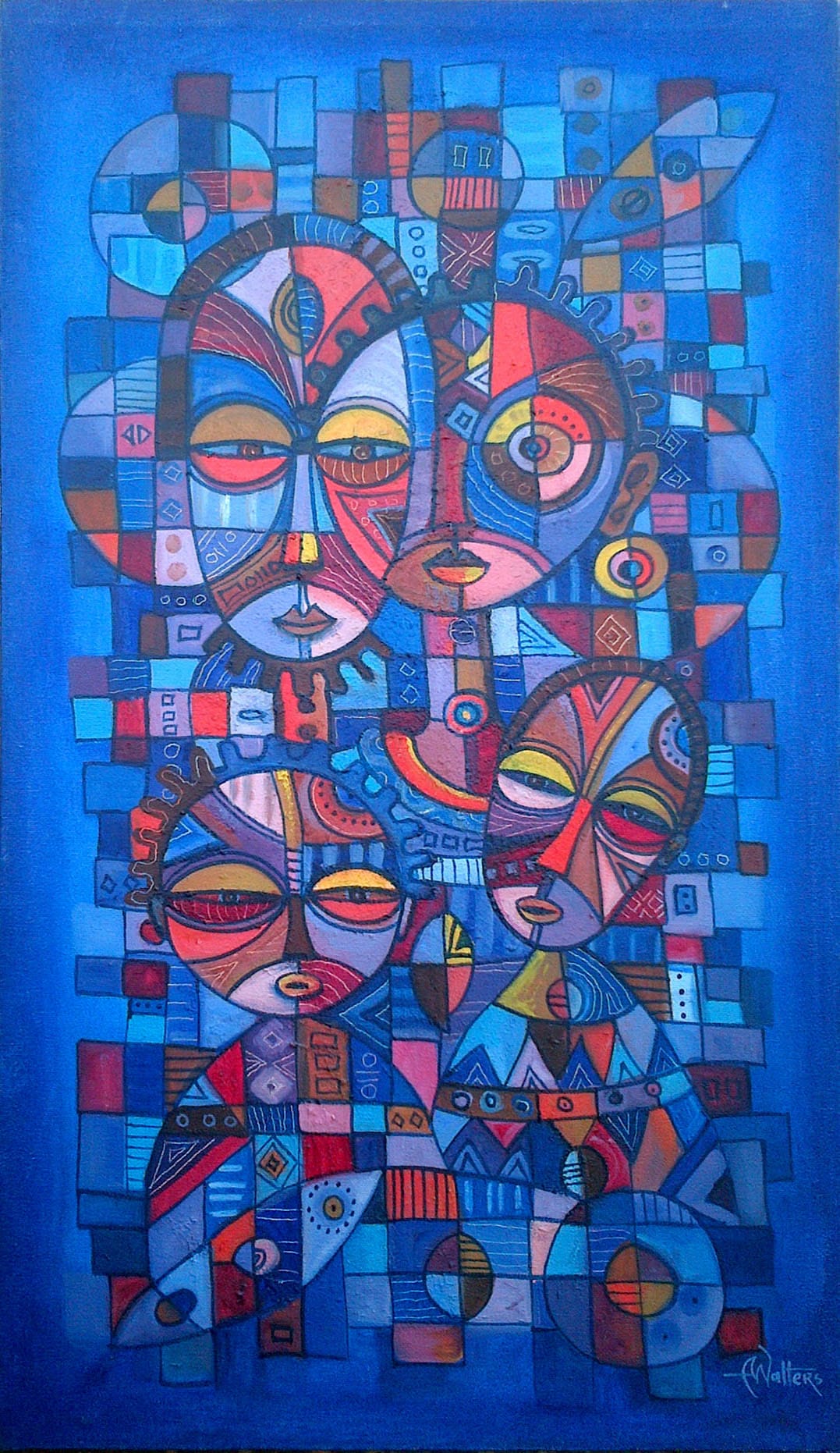 Brightly colored acrylic portrait of a family.