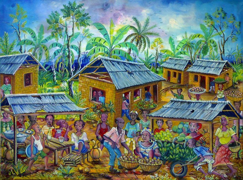 The Village Market  Art Cameroon African Paintings