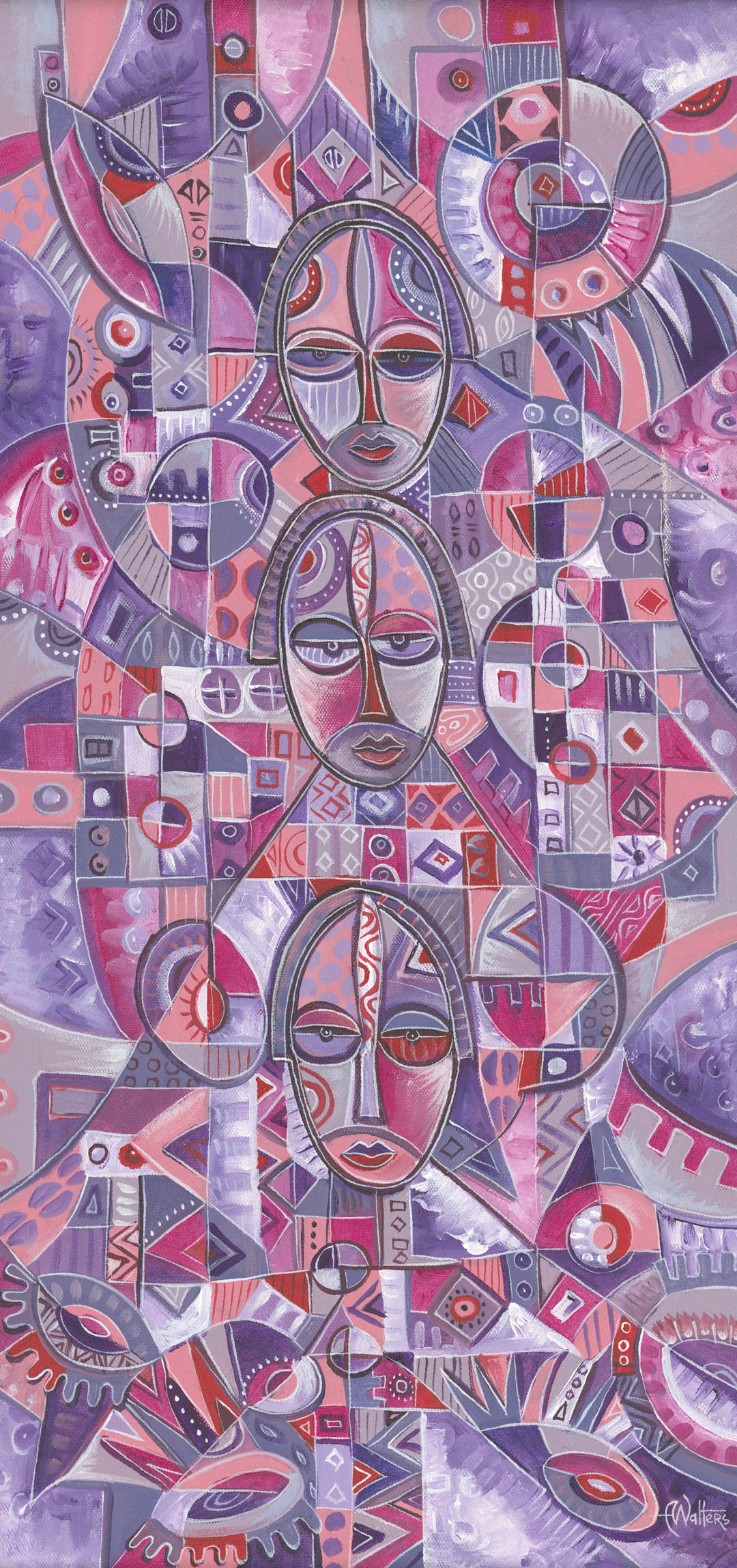 In this bright pink, violet, and purple original acrylic painting the artist has painted faces of three women atop one another.