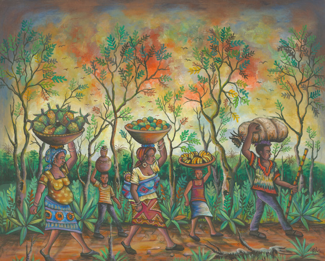This acrylic painting is of African villagers bringing their harvest to market in Cameroon.