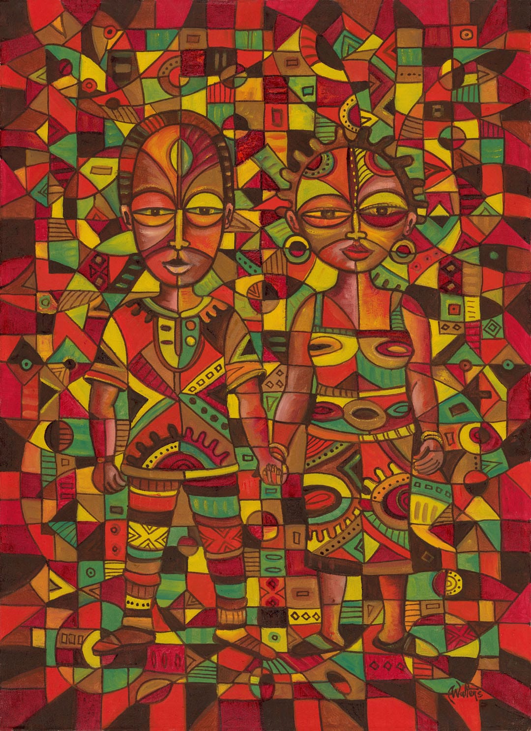 Oil painting from Cameroon, Africa of a happy couple holding hands.