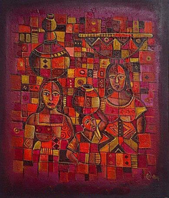 Women in Africa painting of African villagers